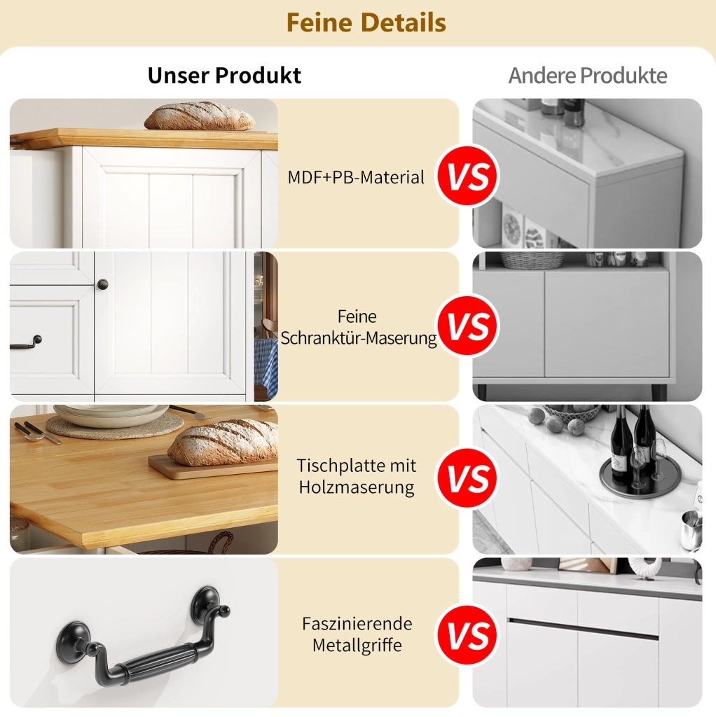 Isola da cucina mobile pieghevole bianca con ruote 120 cm
