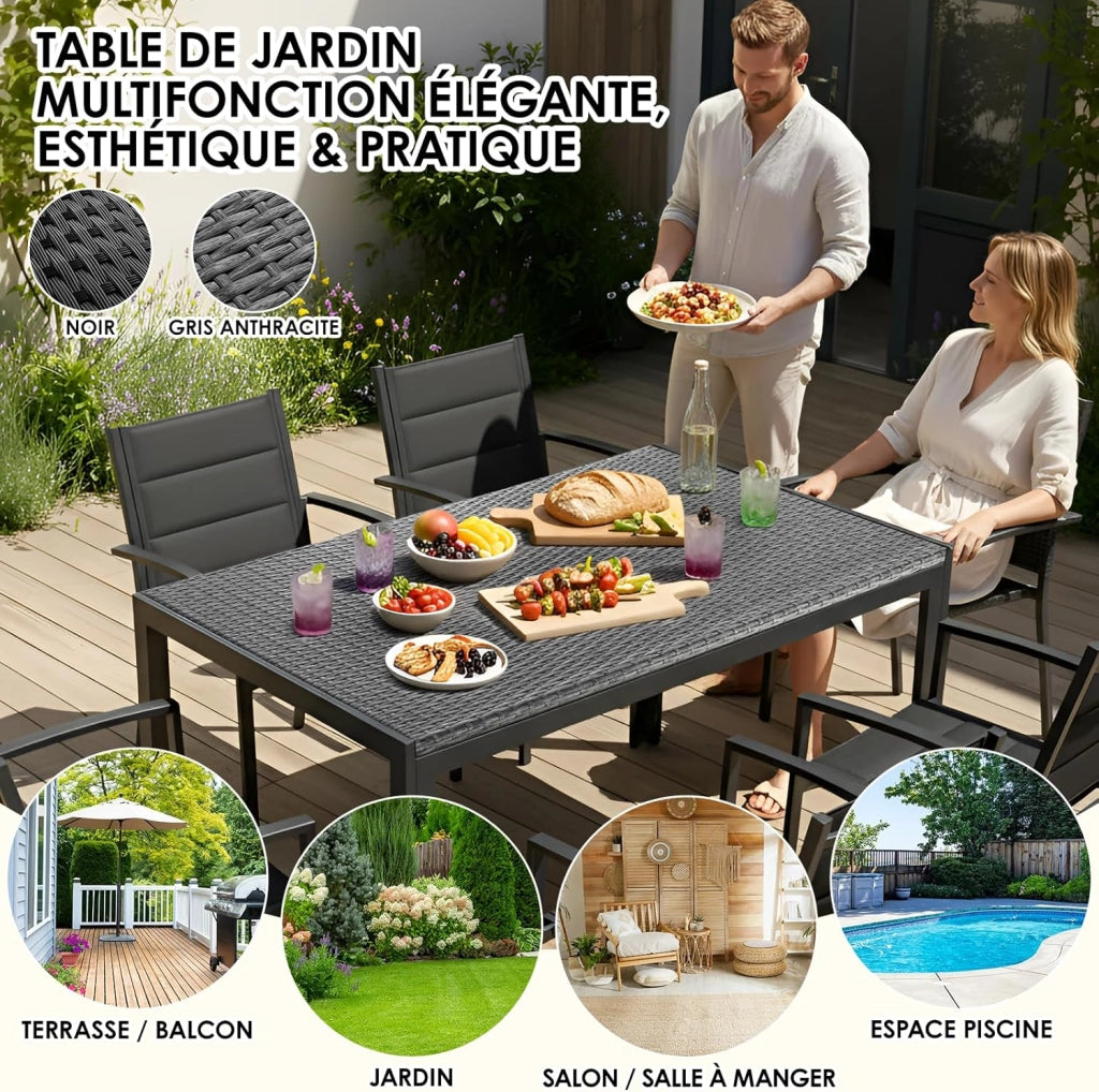 Tavolo da Giardino Rettangolare 4-6 Persone in PE Rattan e Metallo, 119x74 cm, Tavolo da Pranzo Esterno, Resistente alle Intemperie per Terrazza Balcone, Facile da Pulire,Grigio,4 PCS Gambe