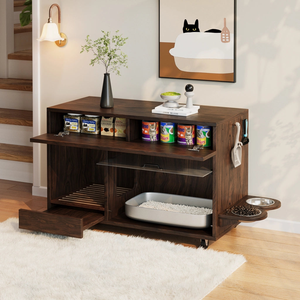 Mobile per lettiera per gatti con sportello in acrilico e cassetti, 100 x 45,5 x 67 cm, colore noce