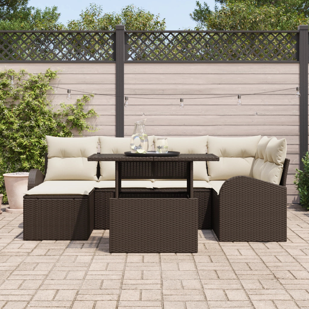 Set Divano da Giardino in 7 Pezzi con Cuscini Marrone Rattan Sintetico
