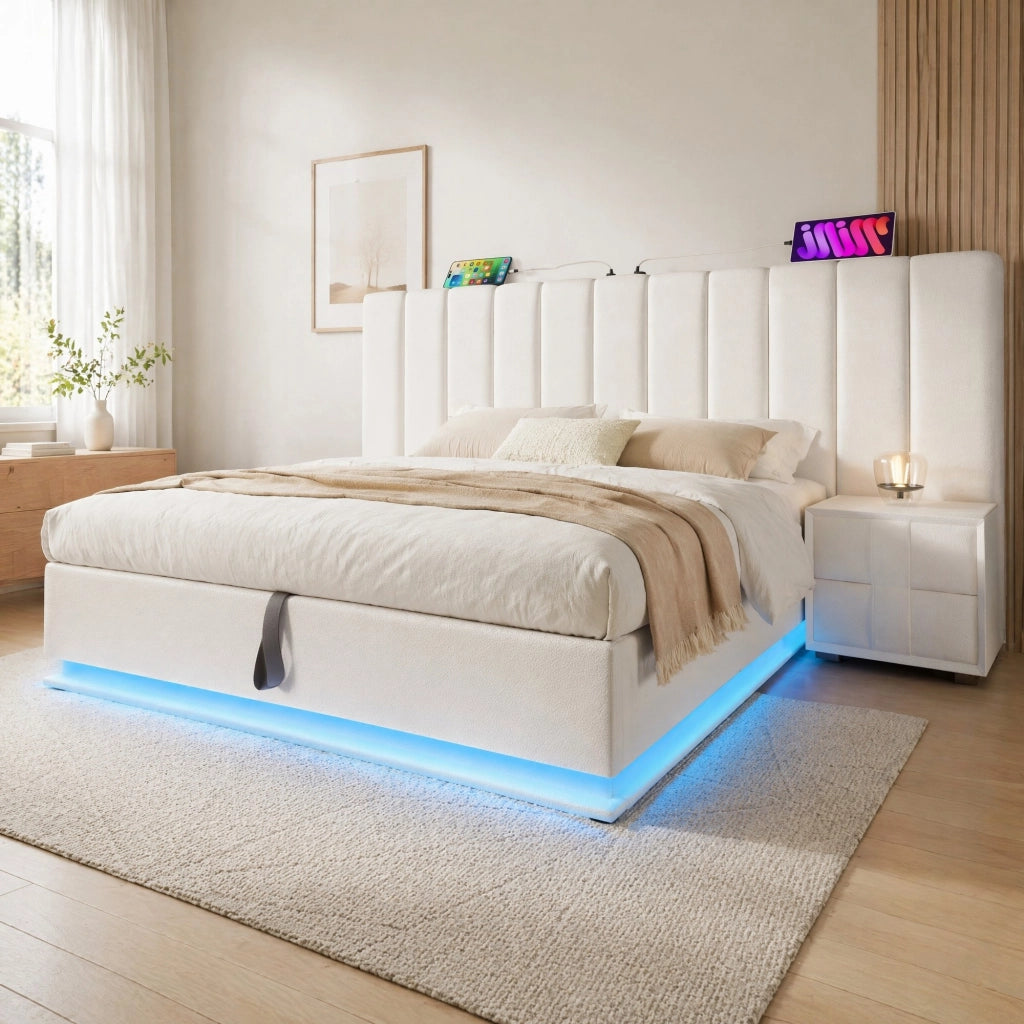 Letto matrimoniale contenitore 180x200 cm in PU bianco con LED 360掳; USB e tipo C