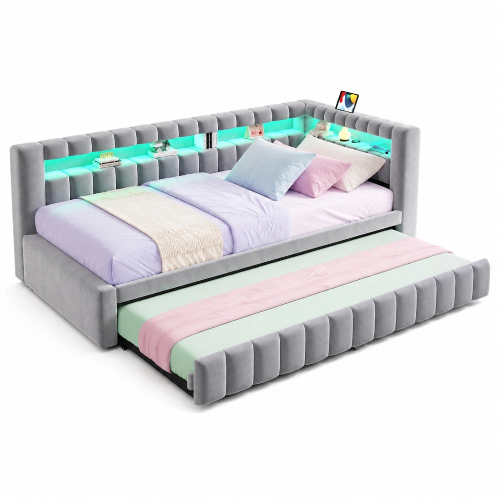 Letto estraibile singolo 90×200 cm con LED; USB e ripiani; senza materasso; velluto; grigio chiaro