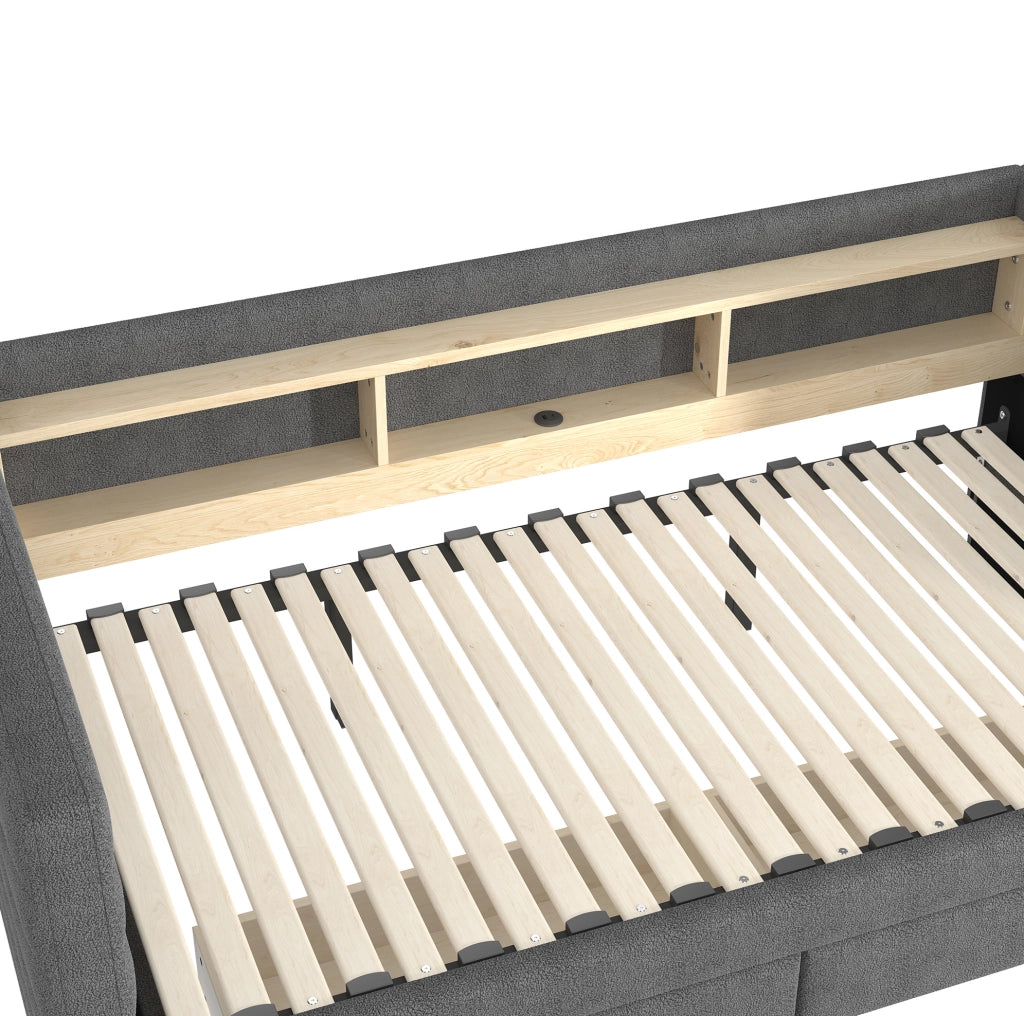 Divano letto 90x190 cm estraibile con LED; USB e Tipo-C in velluto e MDF grigio