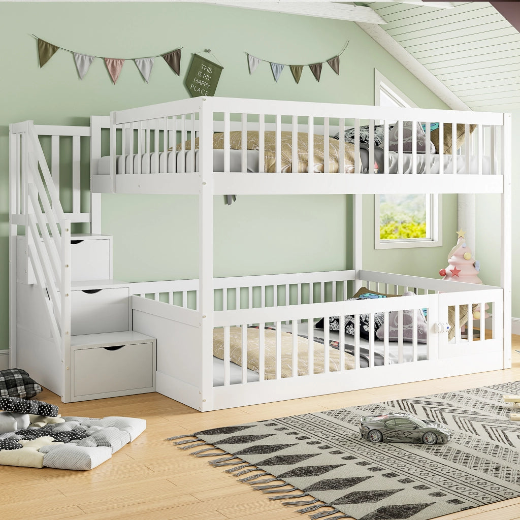 LETTO a castello 140x200 cm in legno bianco con scala e cassetti