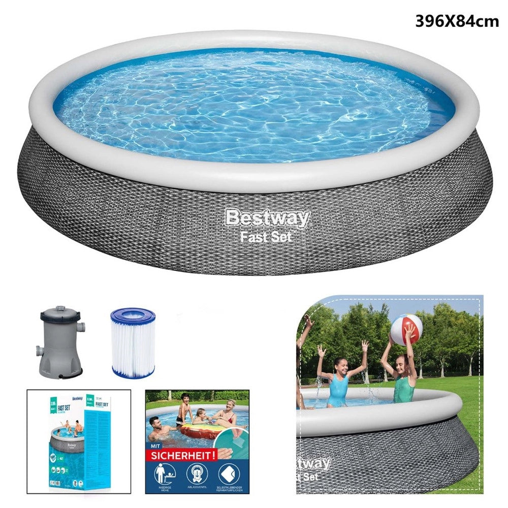 Trade Shop - Piscina Fuori Terra Fast Set Con Pompa Filtro ø396x84cm Effetto Rattan Rotonda 57376 -