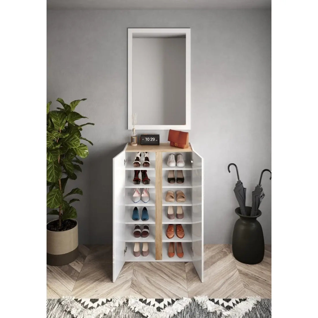 Mobile contenitore con 2 ante e 5 ripiani regolabili, collezione KEY, colore bianco lucido laccato e rovere cadiz.