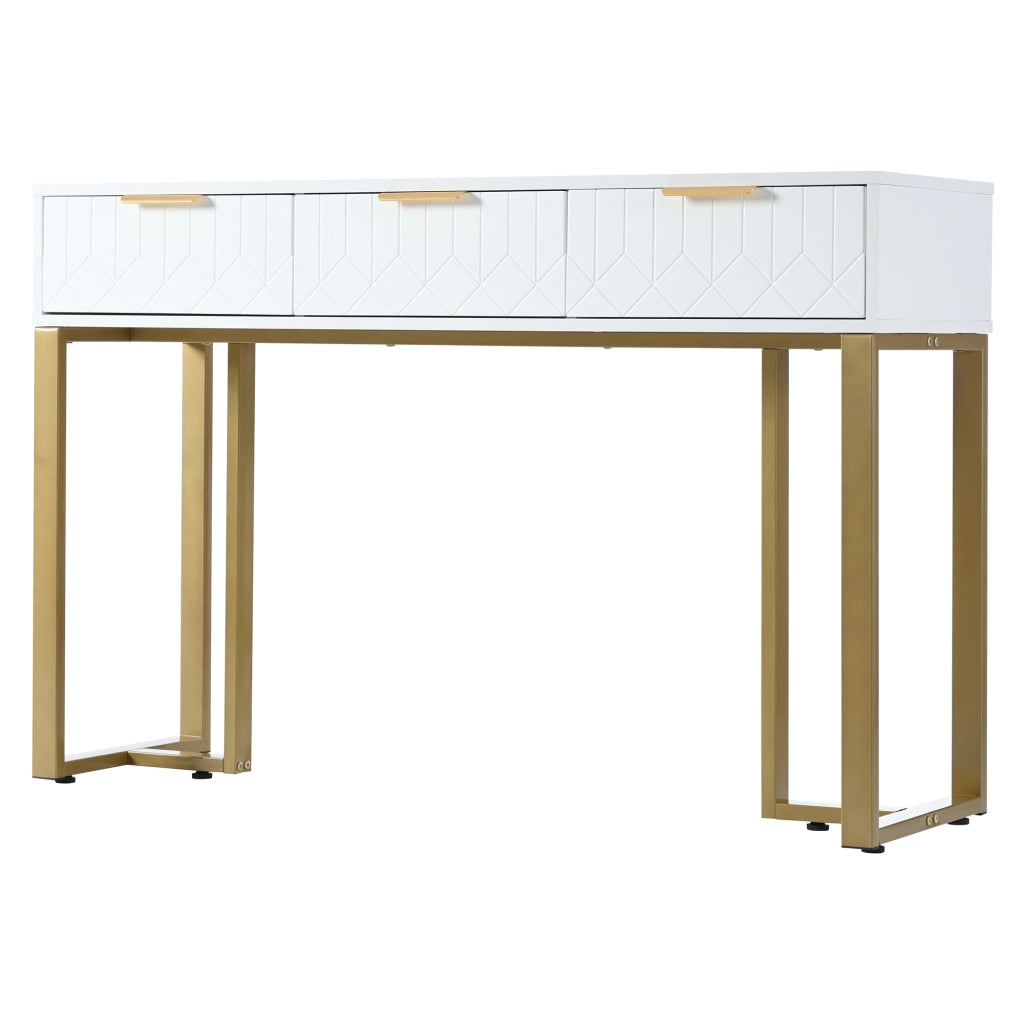 Consolle con 2 cassetti e motivi geometrici, struttura in MDF, per soggiorno e ingresso, bianco e oro
