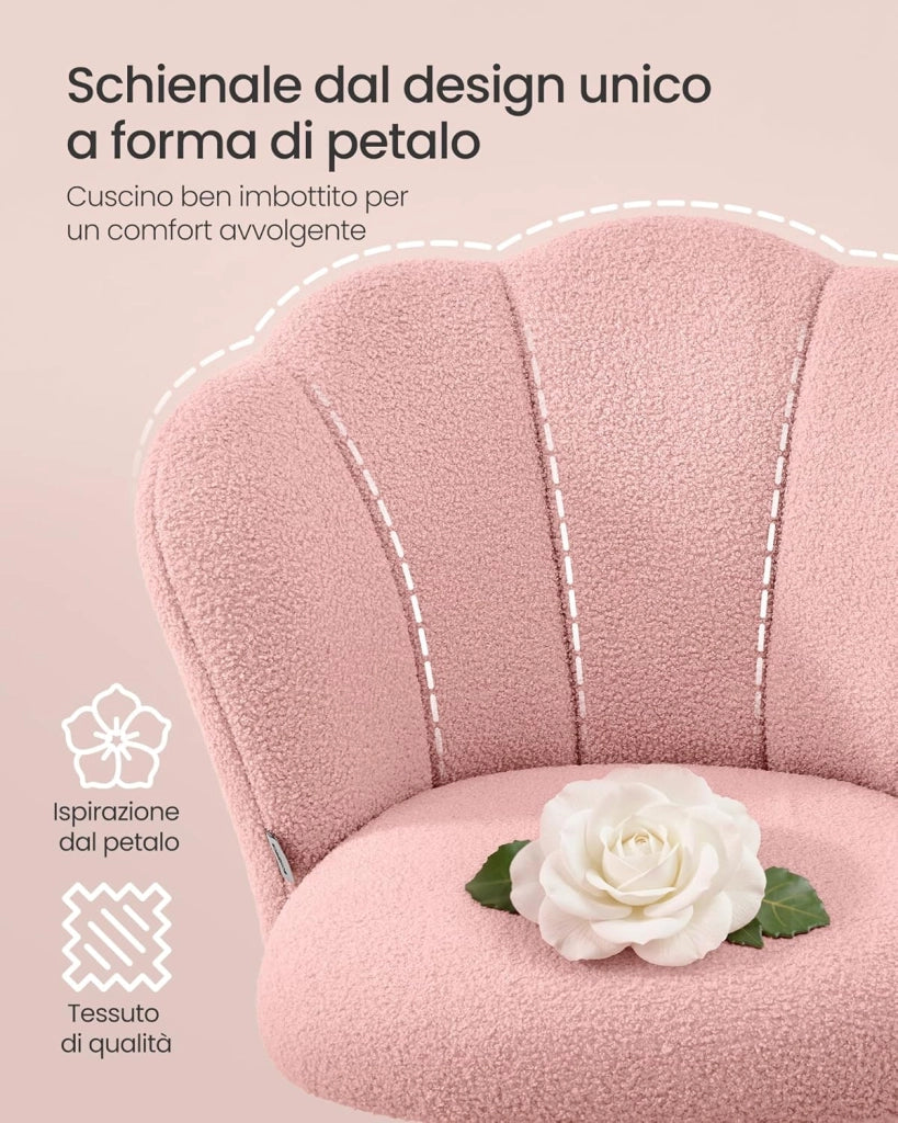 SONGMICS Sedia da Ufficio Girevole a 360°, Sedia da Trucco Imbottita, Tessuto Peluche, Regge 110 kg, Schienale a Petali, Altezza Regolabile, Soggiorno Camera da Letto, Rosa Pastello OBG030SA01