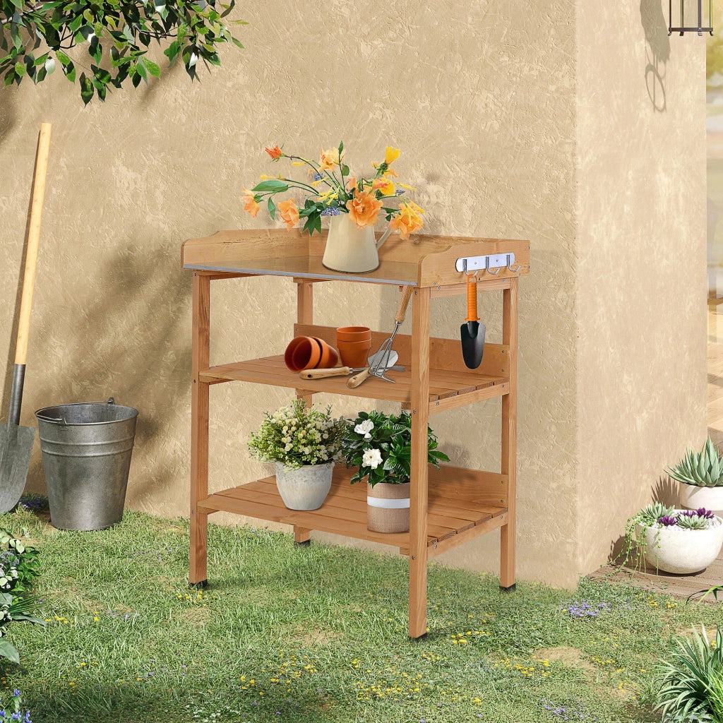 Tavolo da giardinaggio con ripiani e ganci ¨C zephmum ¨C in legno e acciaio galvanizzato