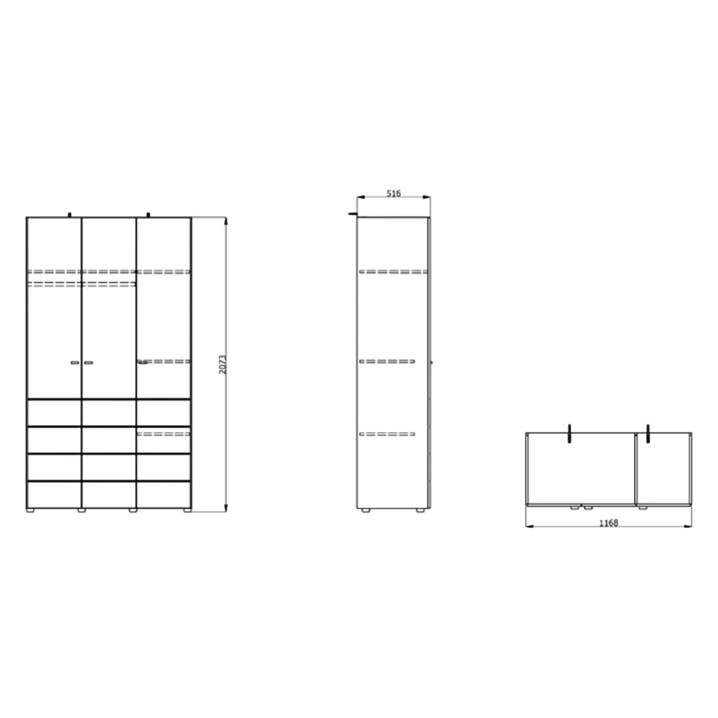 Armadio Camera da Letto Ronco, Guardaroba 3 Ante Appendiabiti, 117x52 cm Bianco Opaco