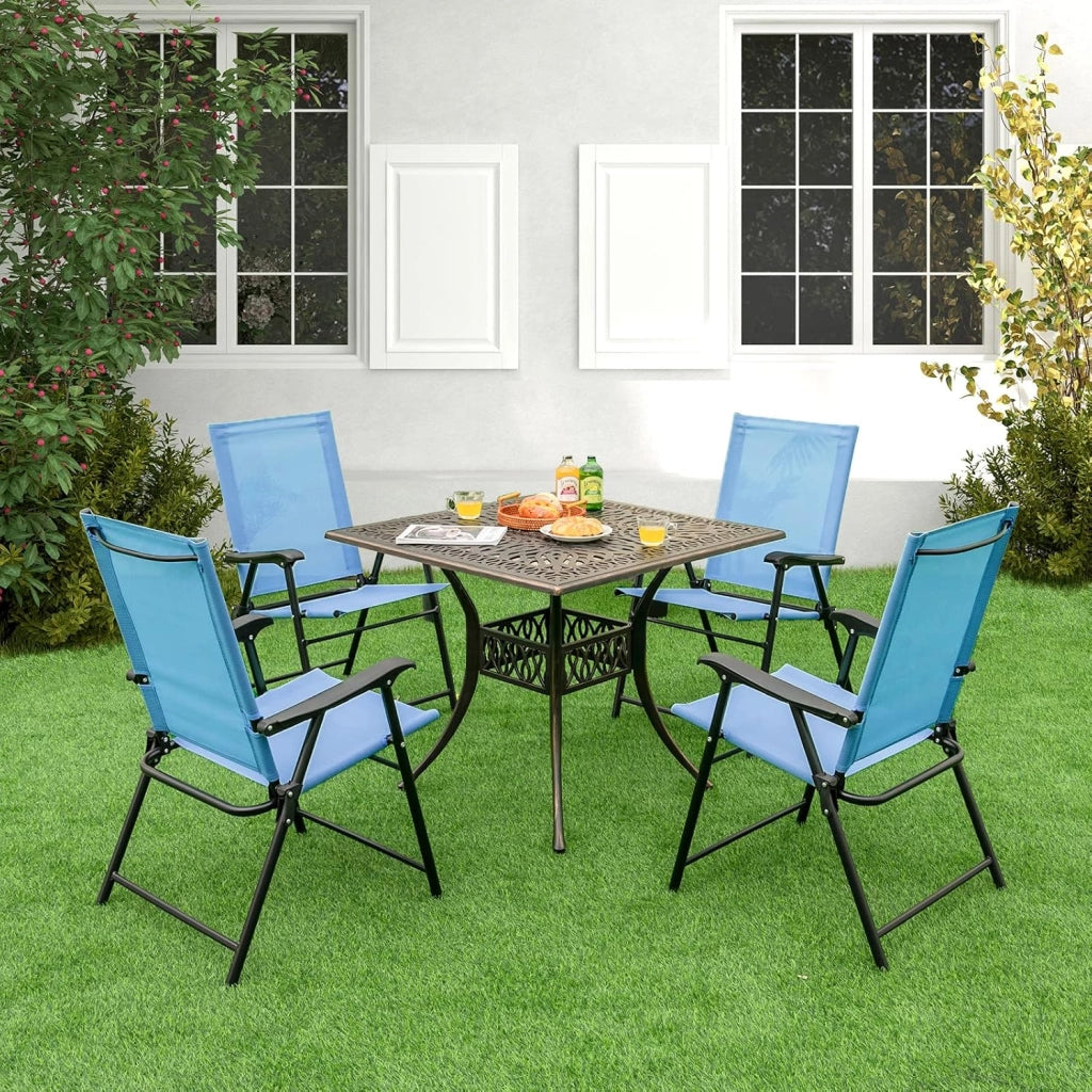 Set di 2 sedie da giardino pieghevoli, pieghevoli, con schienale alto e bracciolo, resistenti alle intemperie, in metallo e tessuto, portata fino a 150 kg (azzurro)