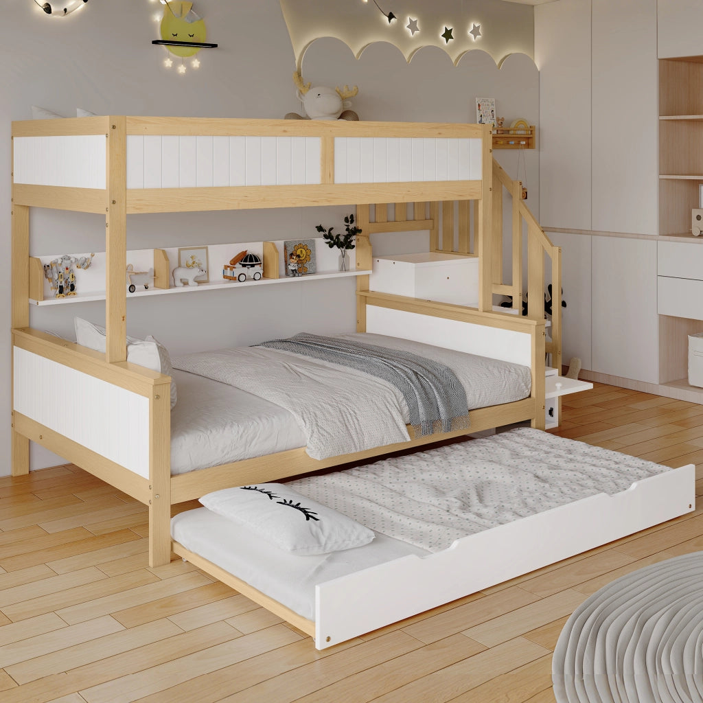 DESMIU Letto a castello per bambini 90 × 200 cm e 120 × 200 cm con letto estraibile, scala, armadio, senza materasso