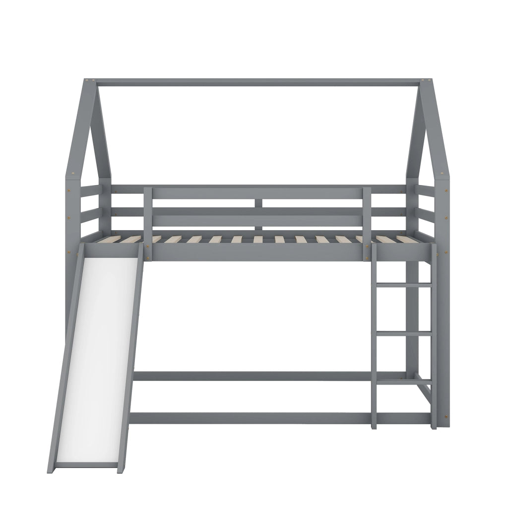 Letto a castello a casetta 140x200 cm con scivolo e scala; legno di pino; grigio