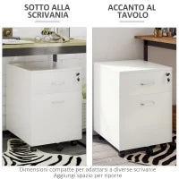 Cassettiera Ufficio a 2 Cassetti con Serratura e 5 Ruote, in Truciolato, 40x49x58 cm, Bianco
