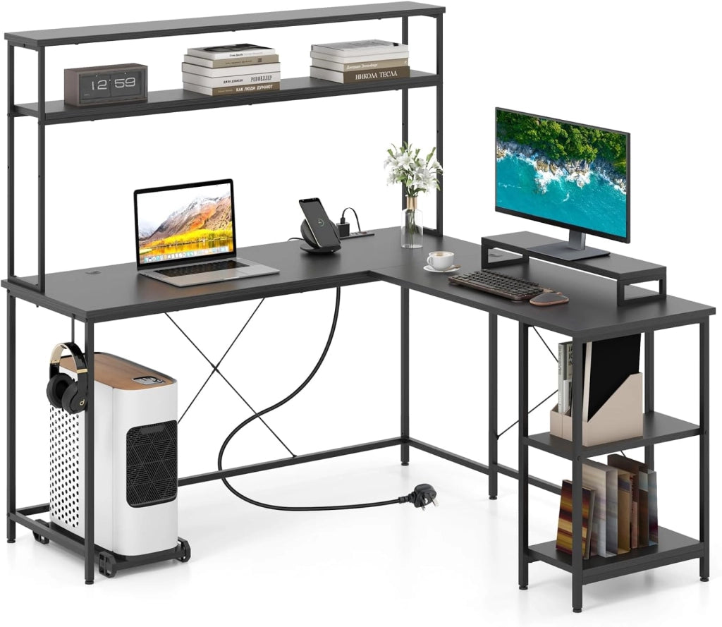 Scrivania per computer a forma di L convertibile con LED, ripiani aperti e supporto per monitor, gancio laterale, stazione di ricarica, 145 x 145 cm, per ufficio, studio (marrone)