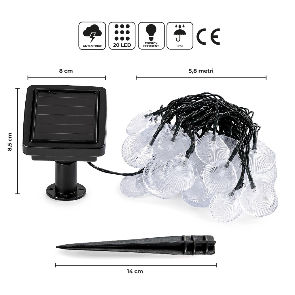 Ghirlanda Luminosa Solare LED 5,8 m con 20 Conchiglie Decorative, Luce Calda, IP65 Impermeabile, Pannello Solare con Picchetto, Luci da Esterno per Giardino Terrazzo Balcone