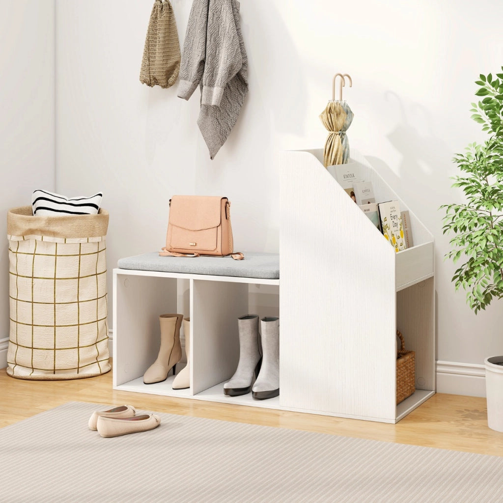 Panca per scarpe con cuscino rimovibile, Panca per ingresso con 3 cassetti inferiori e 3 scomparti laterali Bianco-Scarpiere