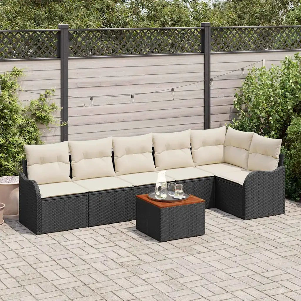 Set Divano da Giardino 7 pcs Nero e Crema polyrattan