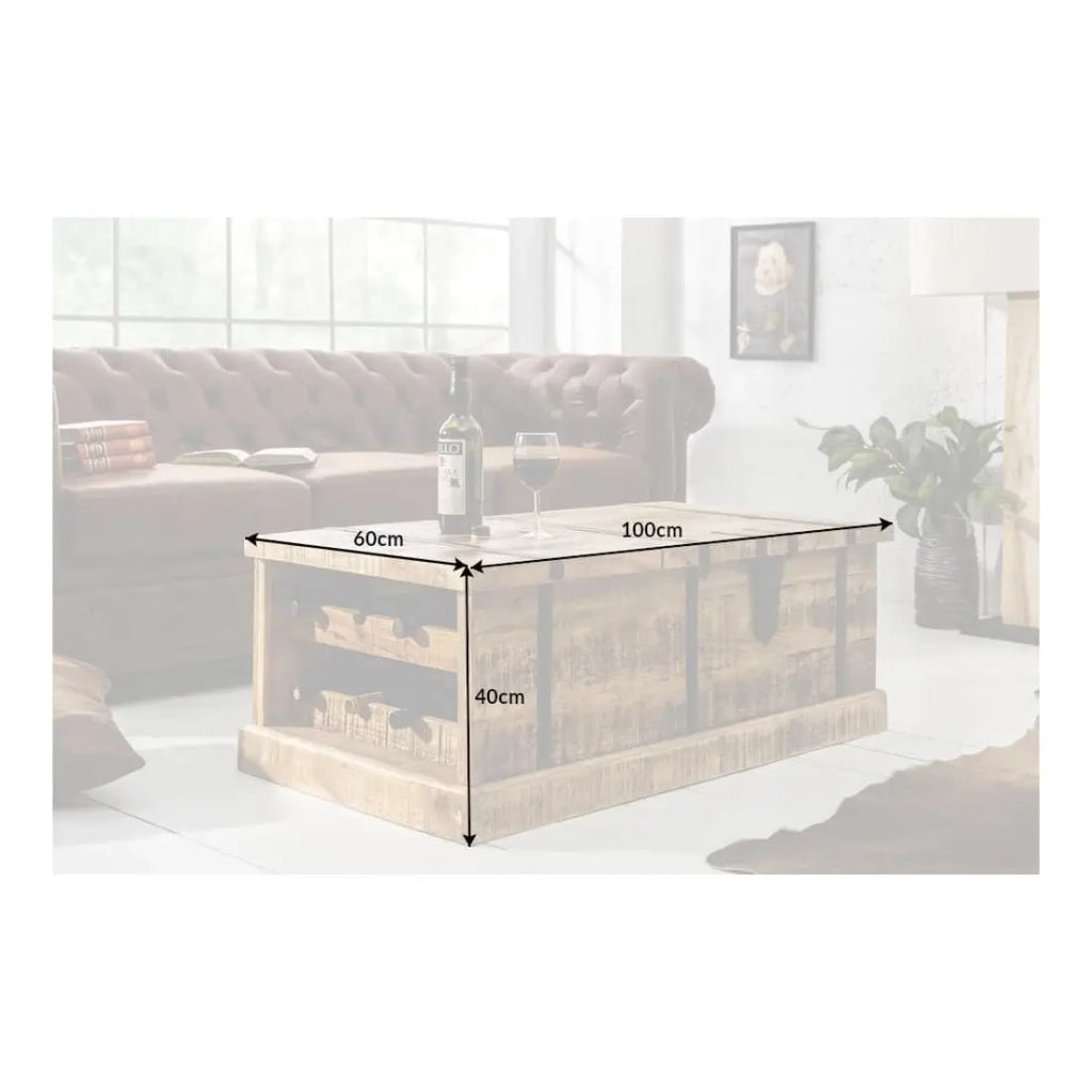 Tavolino da salotto cassapanca TRESORO 100 cm in legno di mango massiccio con porta bottiglie