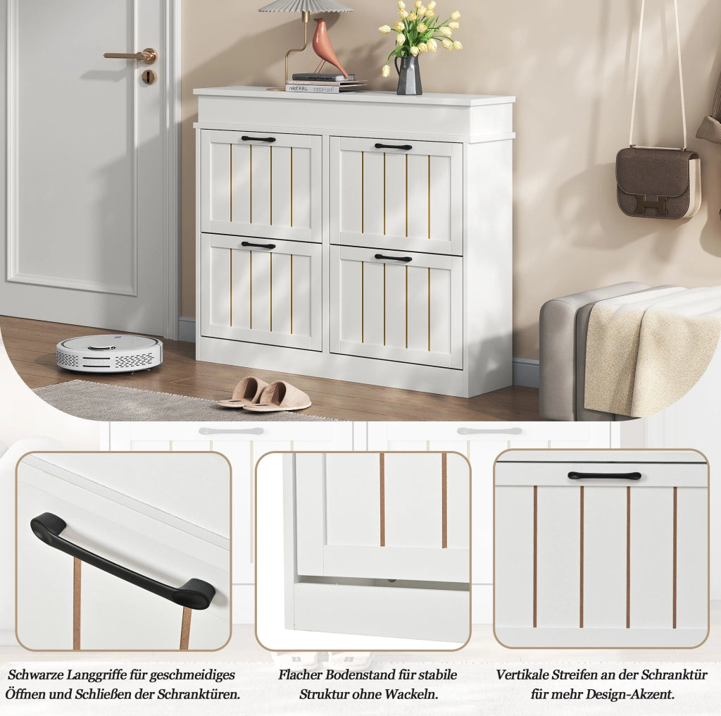 Scarpiera salvaspazio in MDF bianco con 4 ante a ribalta, 105x24x83 cm