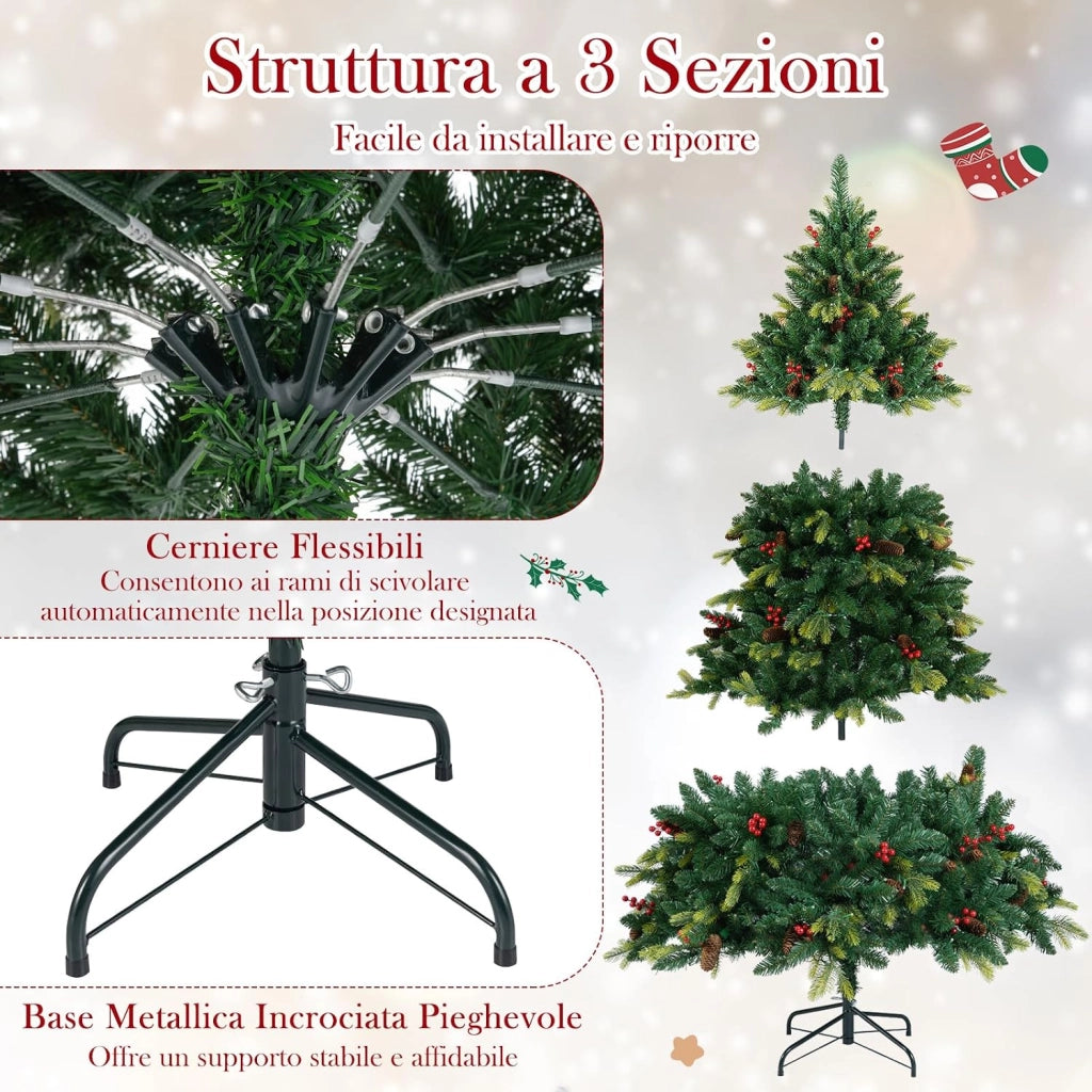 Albero di Natale Artificiale 180 cm, con 370 Luci RGB Multicolori Controllabili tramite APP, 1054 Rami in PE & PVC, 41 Pigne e 41 Bacche Rosse e Controllo Remoto (180 cm)