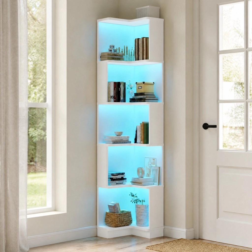 Libreria angolare a L con illuminazione LED, 63,5 x 45 x 175 cm, 5 ripiani, bianca