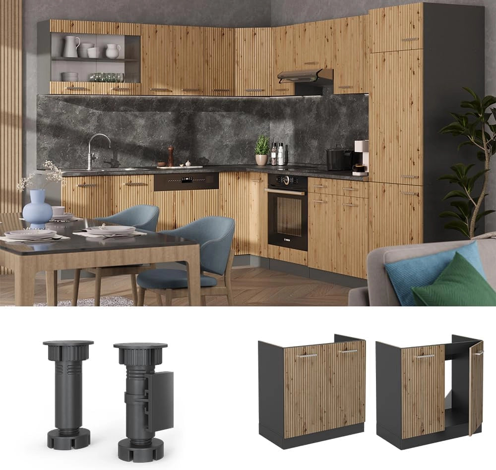 Mobile lavello cucina R-Line, Rovere artigianale, 80 cm, PL Antracite, per la libera combinazione all'interno di sistemi cucina modulari