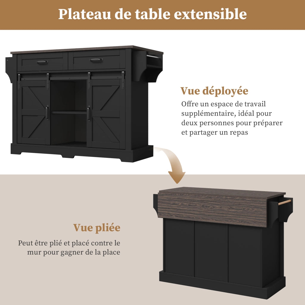 Carrello da Cucina con 2 Ante Scorrevoli; 2 Cassetti; Piano Ribaltabile e Ripiani Regolabili in MDF 120x45x91 cm Nero