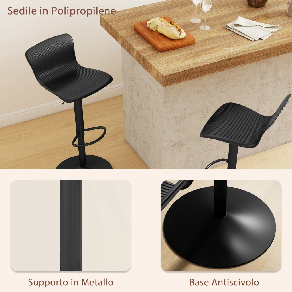 Set 2 Sgabelli da Bar con Schienale Girevoli e con Altezza Regolabile 76,5-97,5 cm in Polipropilene Nero