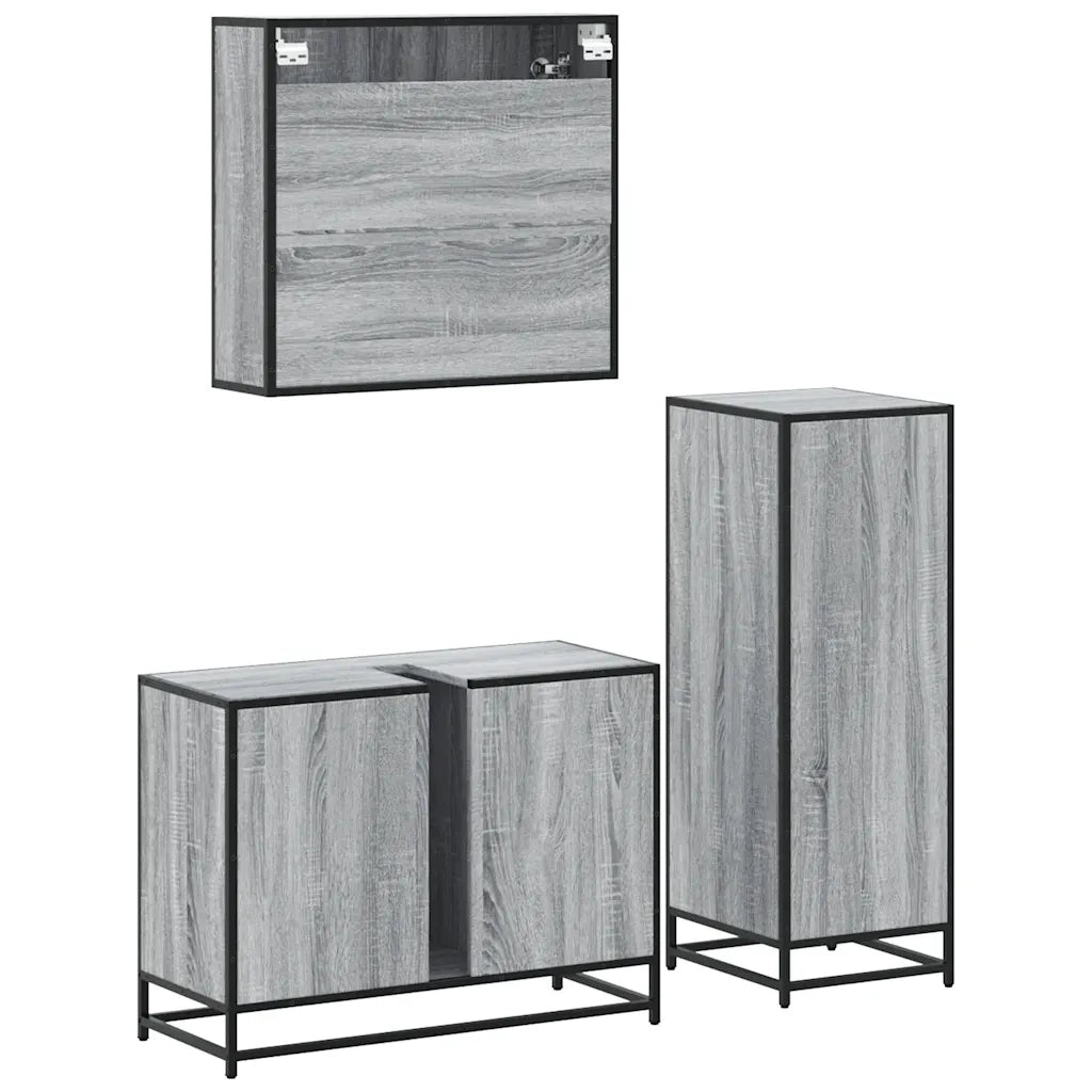 Set Mobili da Bagno 3 pz Grigio Sonoma in Legno Multistrato