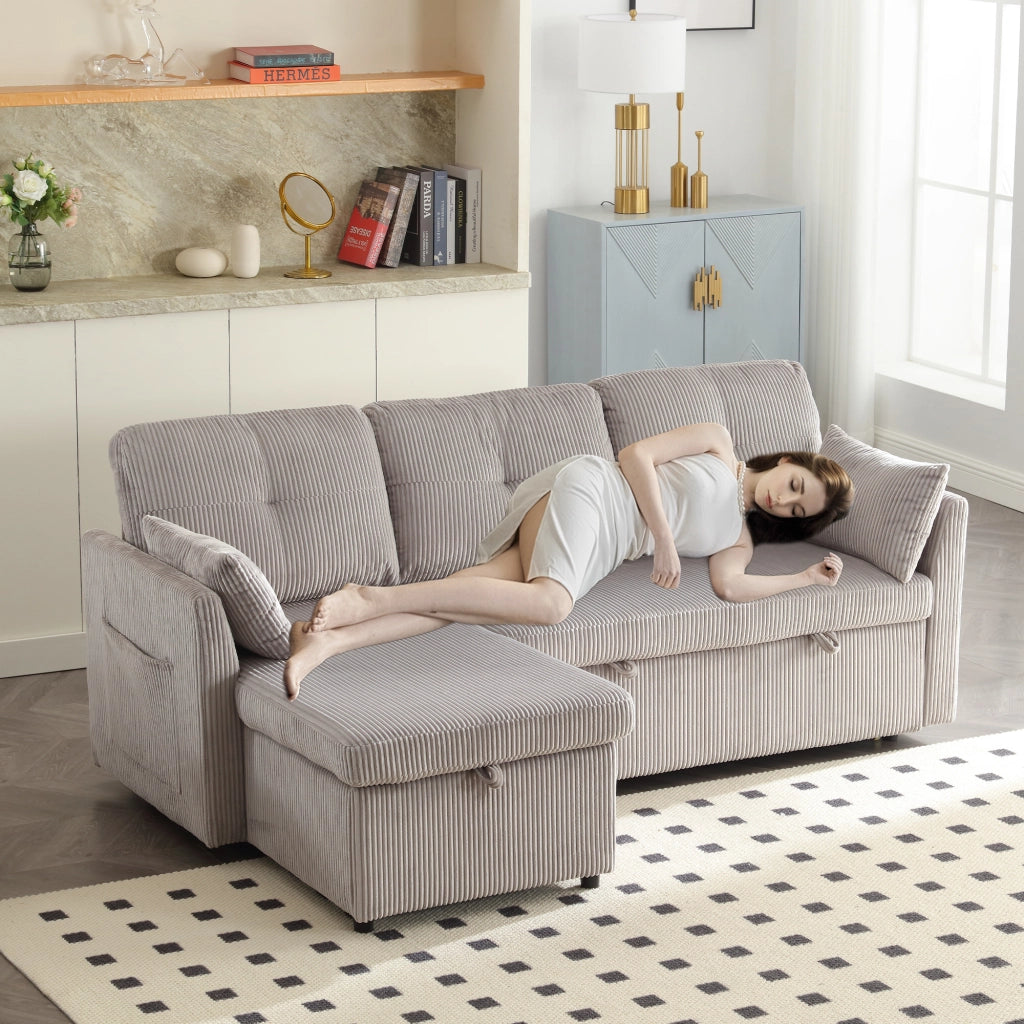 Divano letto angolare con contenitore e letto estraibile; chaise intercambiabile; grigio chiaro in velluto a coste