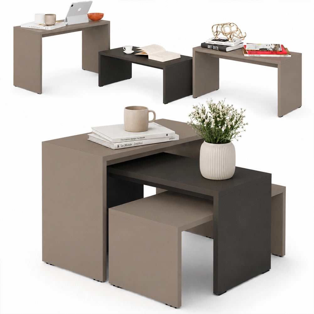 Set 3 Pezzi Tavolini Caffe Rettangolare a Incastro in Legno MDF Moka e Antracite