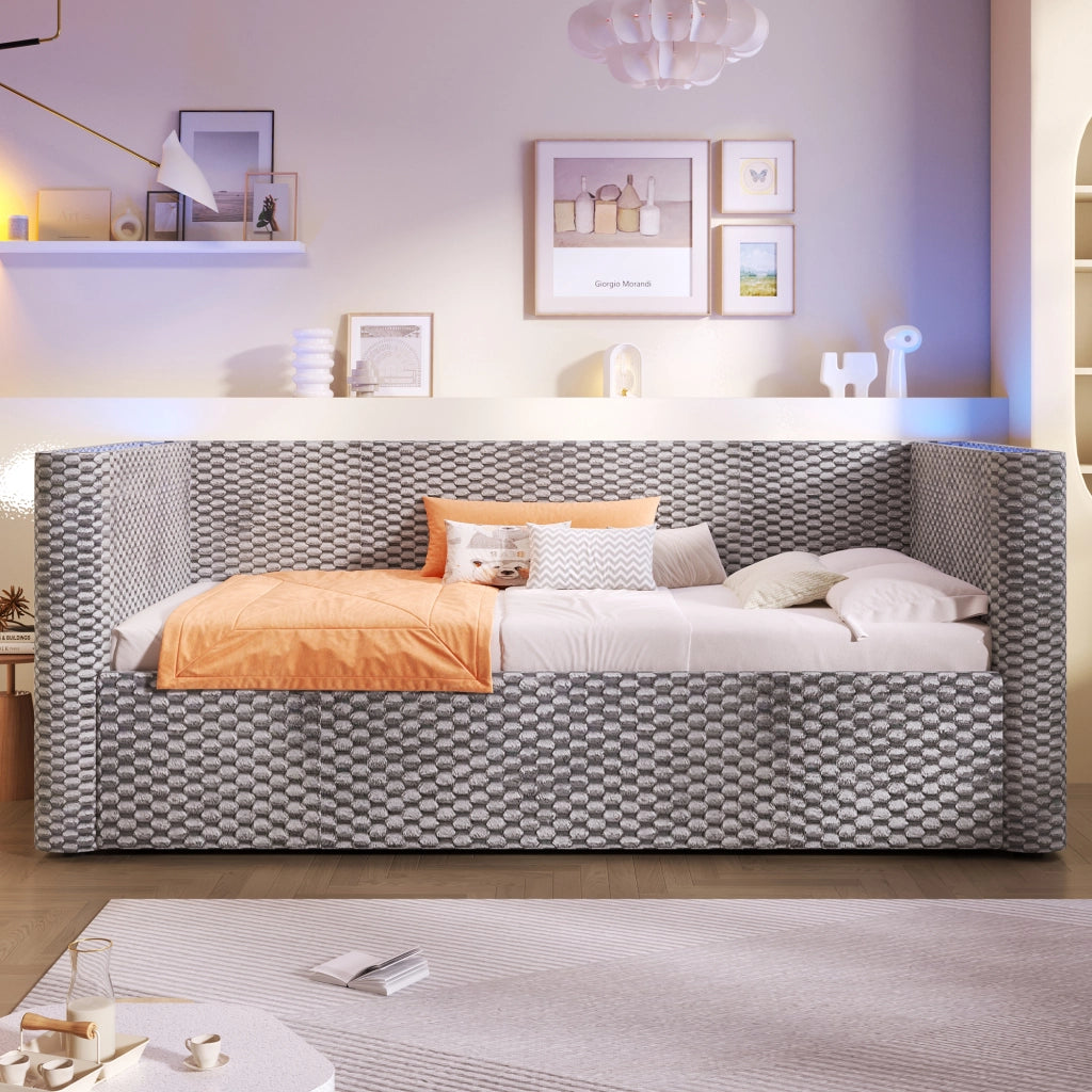 OKWISH Letto a Divano 90×200 cm, Letto Singolo con Contenitore Idraulico, LED Multicolore e Controllo tramite App, senza Materasso, in Velluto, Grigio