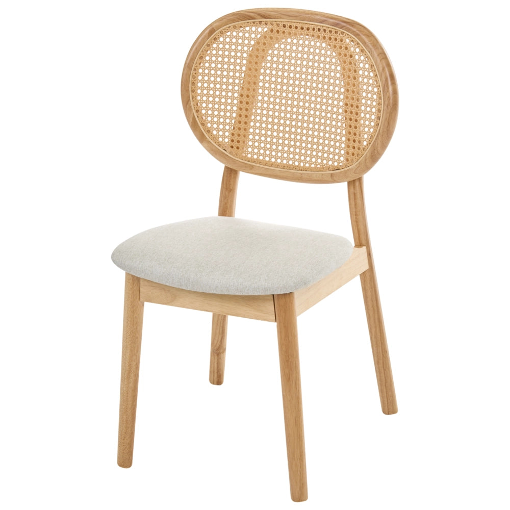 Set di 2 sedie da pranzo con struttura in legno e rivestimento in tessuto marrone chiaro e beige, schienale ovale con intreccio viennese, stile Japandi