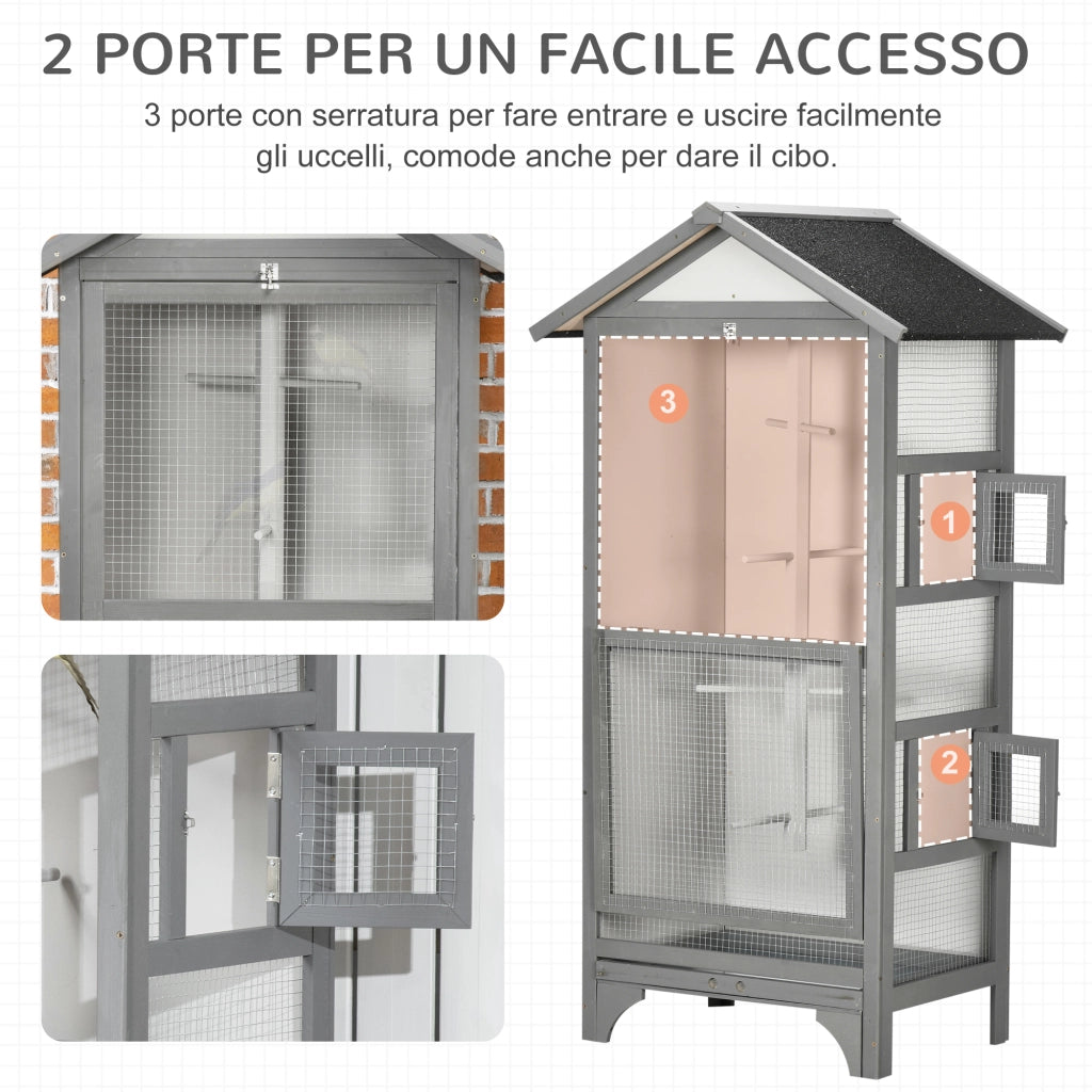 Voliera per Uccelli da Esterno in Legno di Abete. 80.5x57x158.5cm. Grigio Chiaro