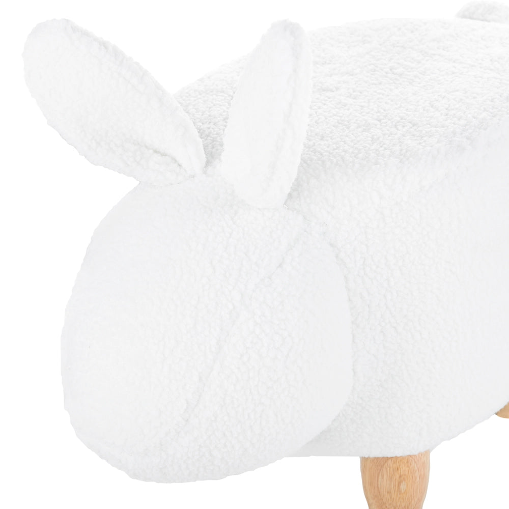 Sgabello per bambini con coniglietto di animali Poggiapiedi per cameretta con gambe in legno imbottite in tessuto di poliestere bianco sporco