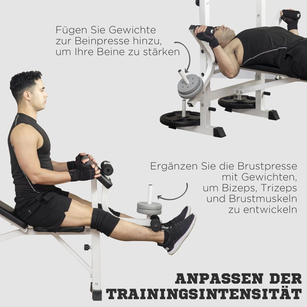 Panca pesi con pressa per gambe, supporto per bilanciere e braccioli per un allenamento efficace con i pesi, bianco e nero