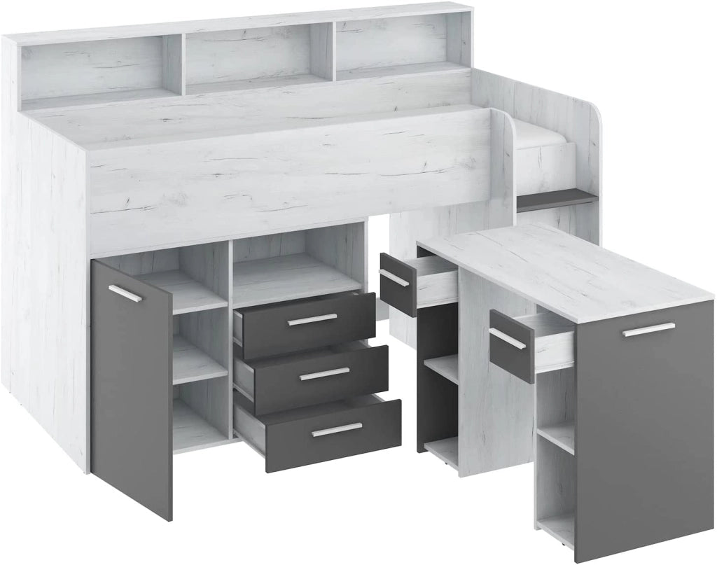 LETTO ARMADIO CASSETTIERE  BAMBINI NEO cm206x120x138h BIANCO GRAPHITE
