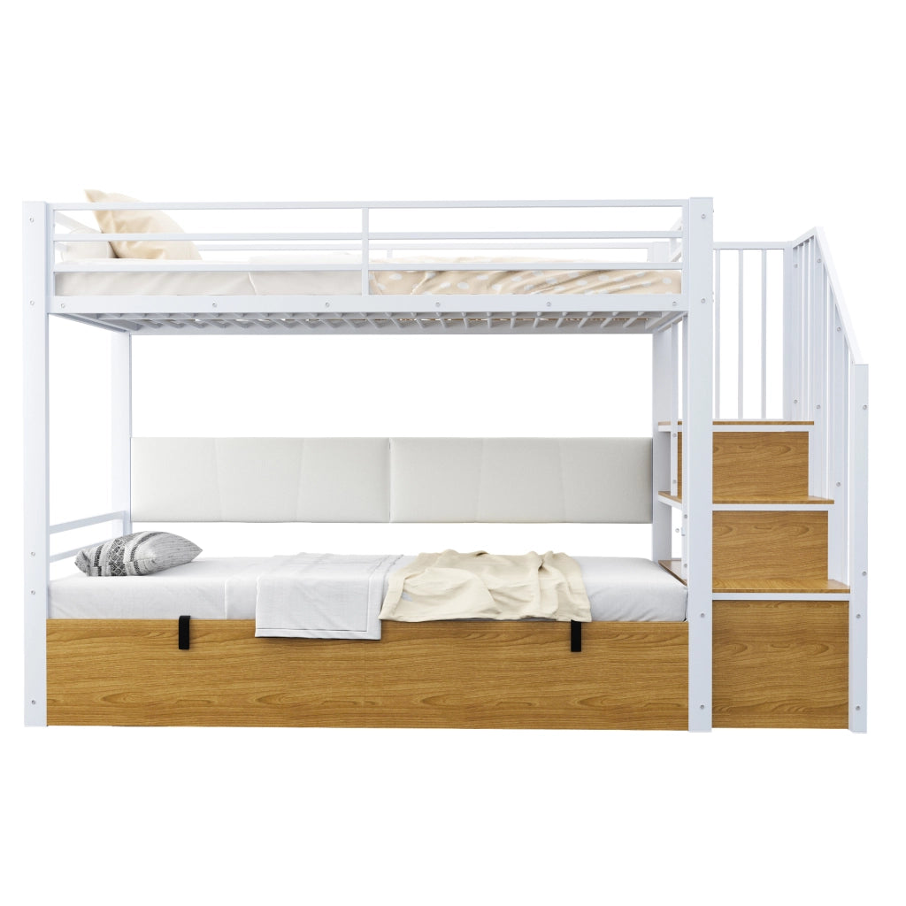 Letto a soppalco multifunzione 90x200 cm con scala contenitore, rete idraulica e schienale imbottito, bianco