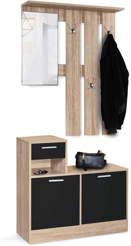 Mobile da ingresso, appendiabiti con specchio, design in legno faggio e ante nero PAULIN
