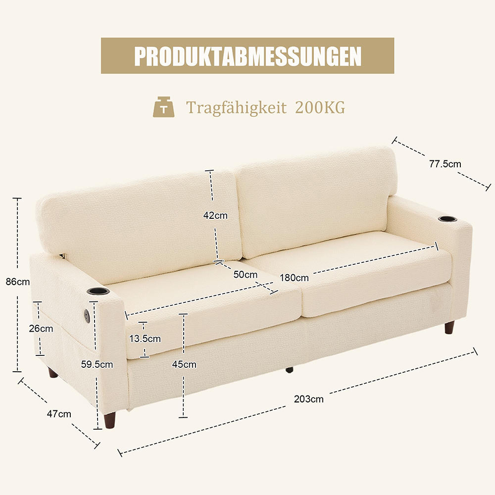 Divano 2 posti - Xylo - Chenille, LED, USB-C, porta bicchieri, beige