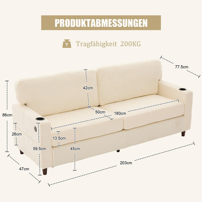 Divano 2 posti - Xylo - Chenille, LED, USB-C, porta bicchieri, beige