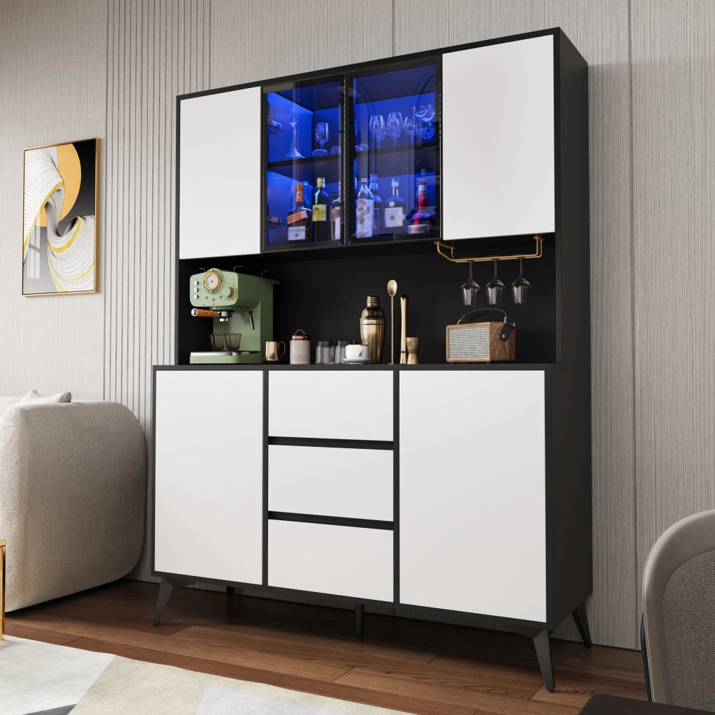 Hochschrank con vetrina in vetro, LED regolabile via app, 2 ante, 3 cassetti, MDF nero e bianco