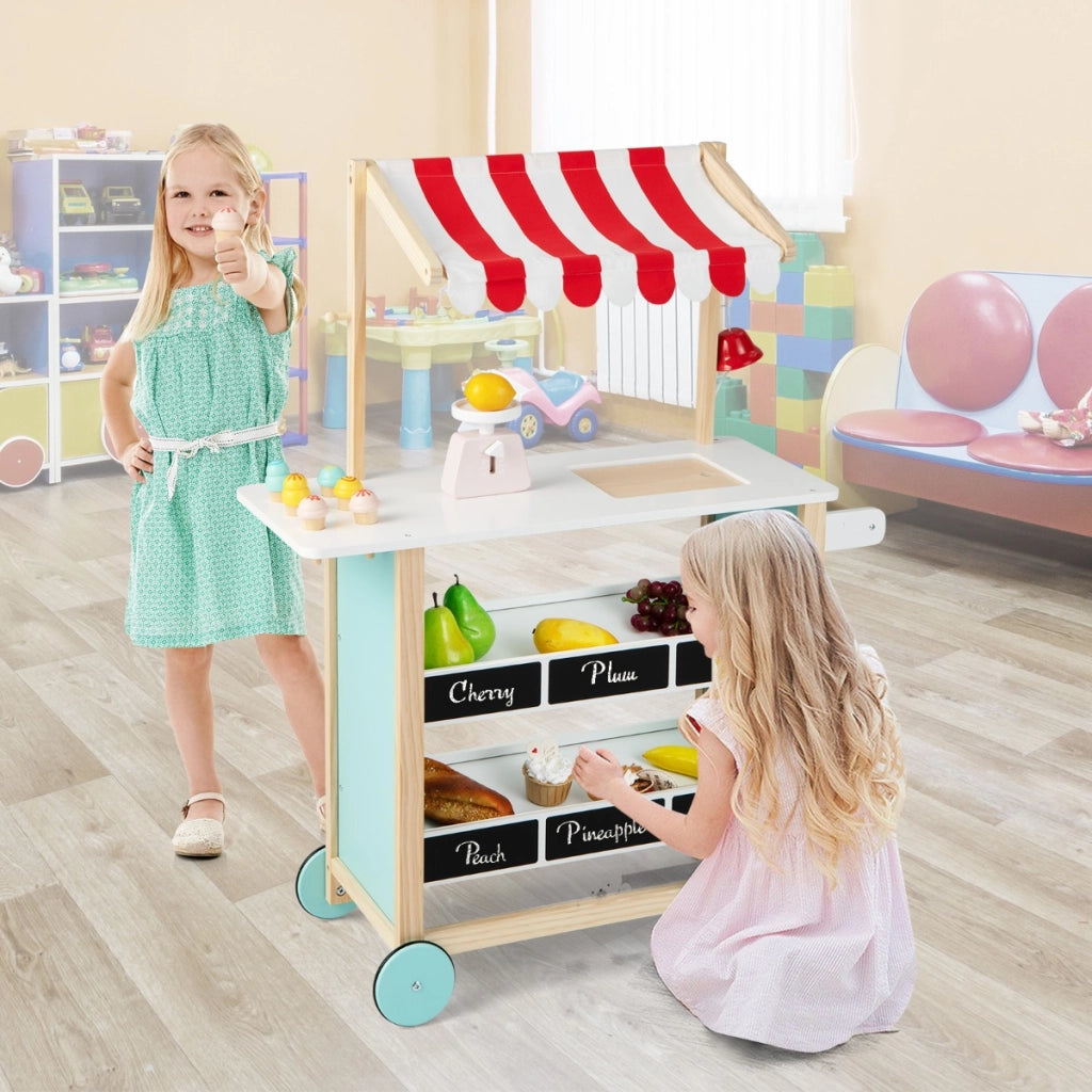 Carretto dei gelati con ripiani di legno per bambini +3 anni, Supermercato per bambini con 6 gelati giocattolo Rosso-Cucine giocattoli