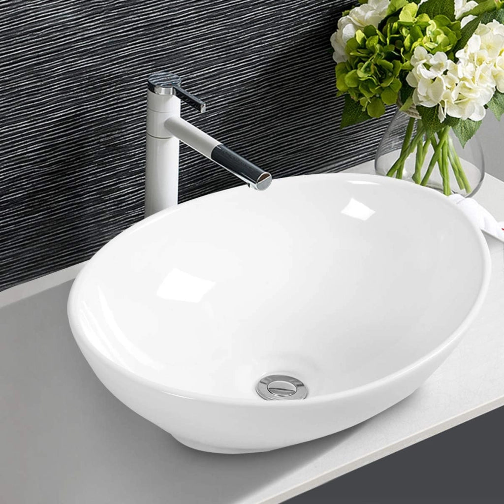 Lavabo rotondo in ceramica, 41 x 33,5 x 14 cm, lavabo per bagno