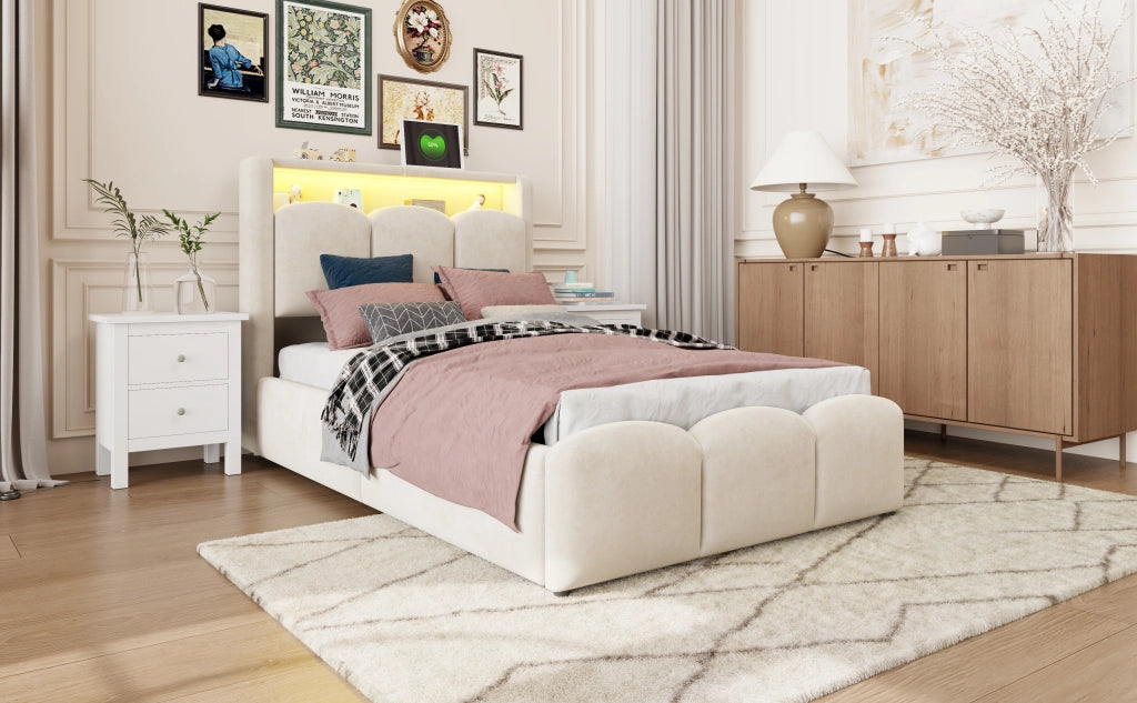 Letto imbottito per bambini con contenitore idraulico, USB-C e LED, 90x200 cm, velluto beige