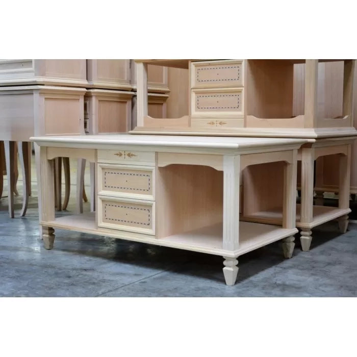 Tavolino classico 2 cassetti in legno grezzo l.115 p.65 h.55 - Mobili 2G