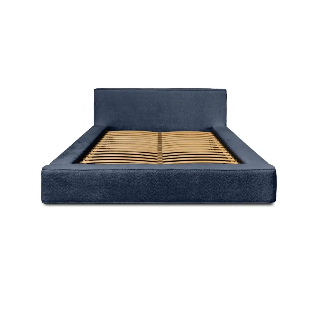 Letto contenitore VELORA – Blu acciaio bouclé – 180x200 cm – Tessuto velluto morbido – Rete sollevabile – Spazio di stoccaggio integrato