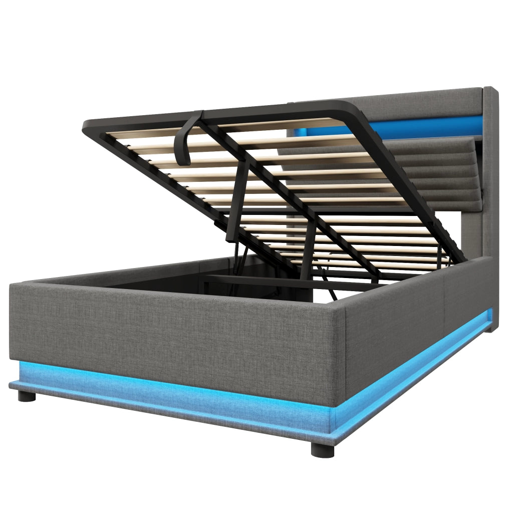 Letto imbottito 90x200 cm con contenitore idraulico, LED, porta USB e USB-C, tessuto lino, grigio, senza materasso