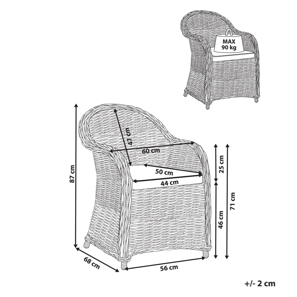 Poltrona da giardino in rattan naturale con cuscino di seduta in cotone bianco sporco per interni ed esterni